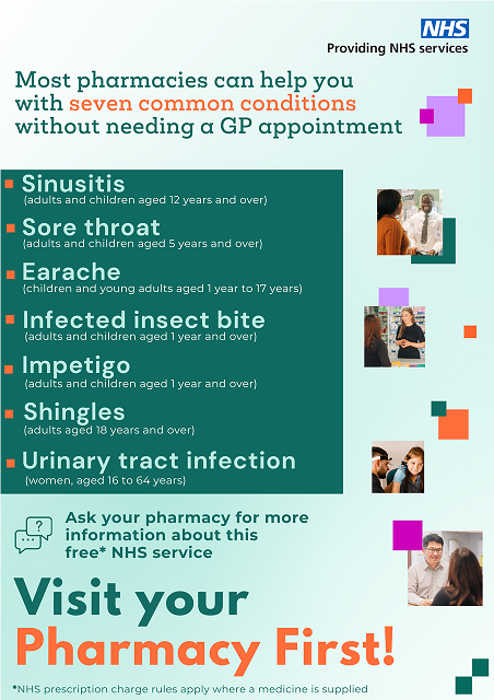 infogram: most pharmacies can help you with seven common conditions without needing a GP appointment. Sinusitis, Sore Throat, Earache, Infected insect bite, Impetigo, Shingles, Urinary tract infections